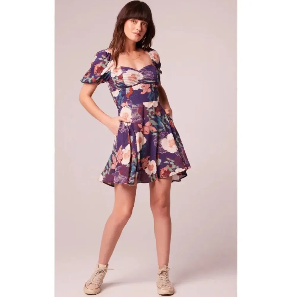 BAND OF THE FREE AIMEE PURPLE FLORAL PUFF SLEEVE MINI DRESS S‎ NEW